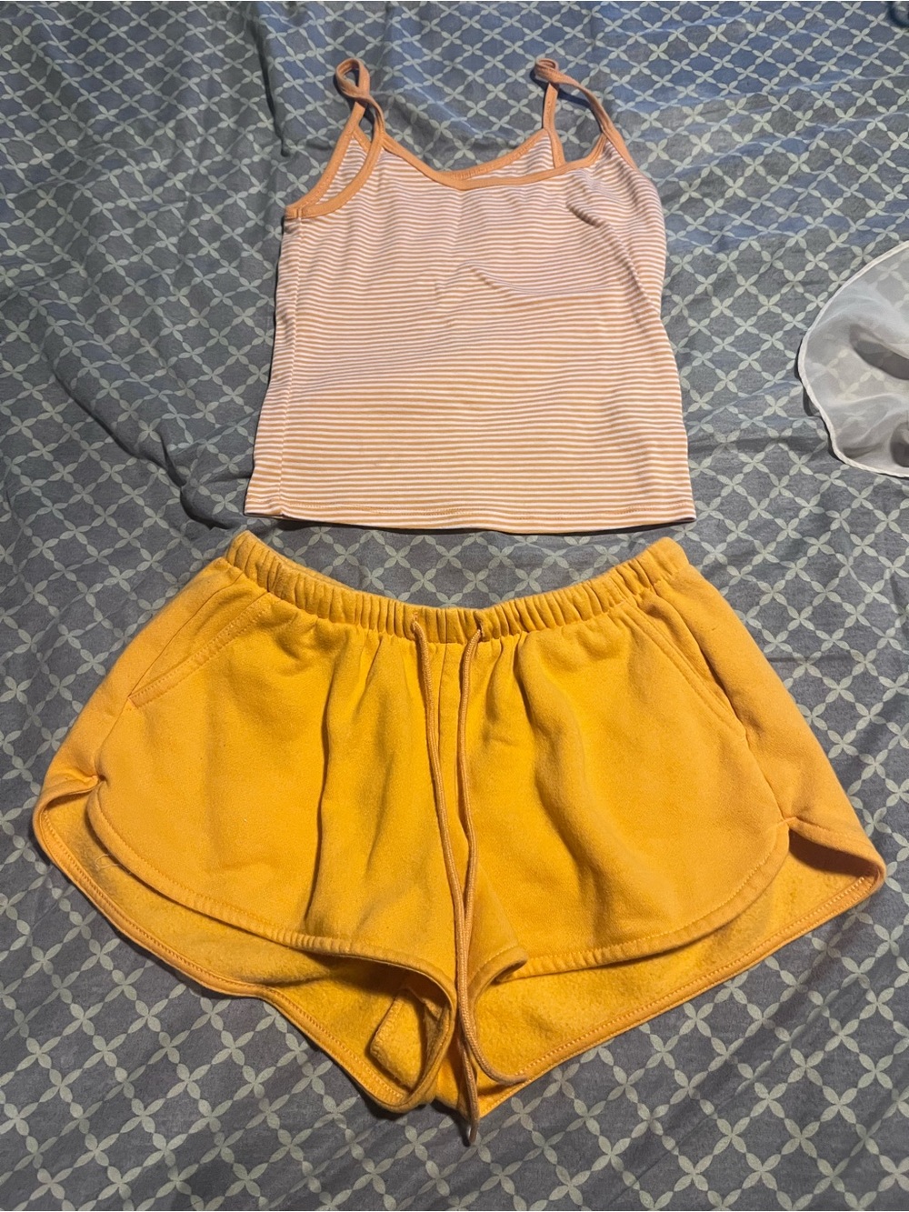 No Boundaries Peach Stripe Cami and Yellow Lounge Shorts Set